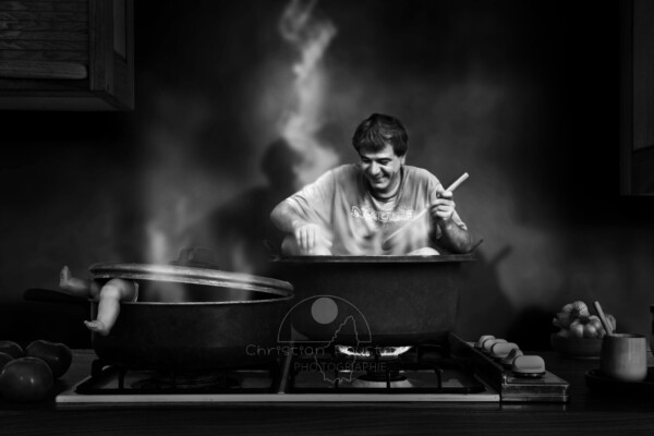 Christian, Gamelle, Casserole, Moutarde, Ail, Poupée, Tomates, Gaz Auto-cuisson (... et mettre les pieds dans le plat) (Photomontage de Christian Roustan)