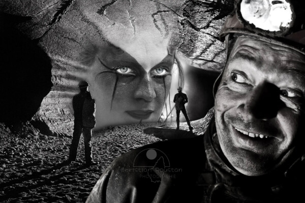 Barth, N&B, noir et blanc Spéléo ELLE. Si, si la grotte est vivante, elle nous observe… (Photomontage de Christian Roustan)