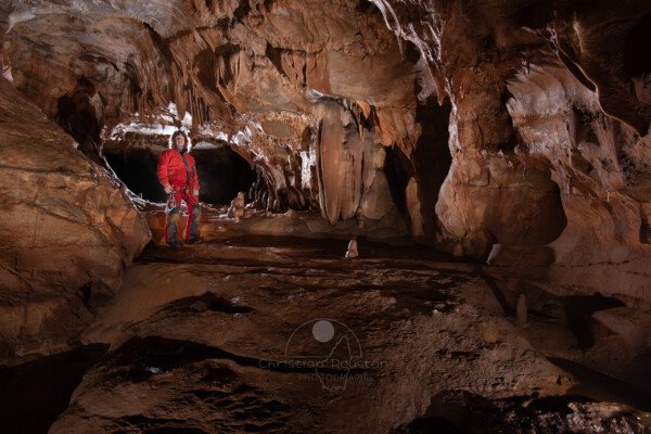 La galerie principale avec ses gours. (Baume Chazelle, Ardèche)