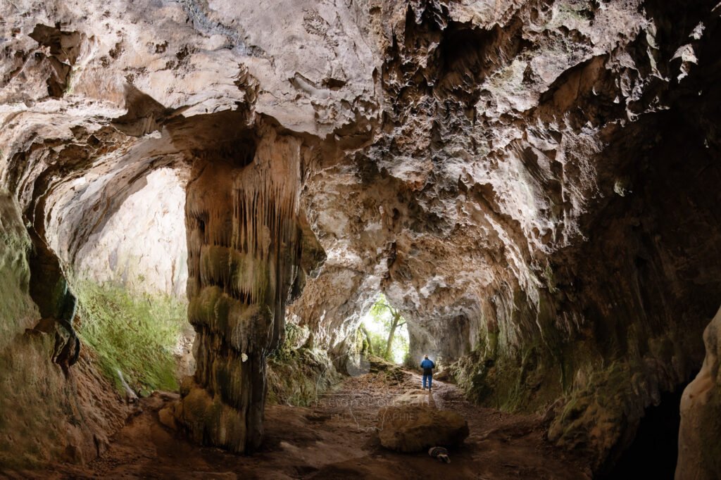 La première salle et son imposant pilier stalagmitique. (Grotte de la Bruge, Gard)