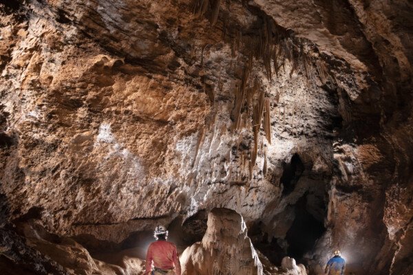 Deux spéléo dans la salle du lion. (Grotte de la Bruge, Gard)