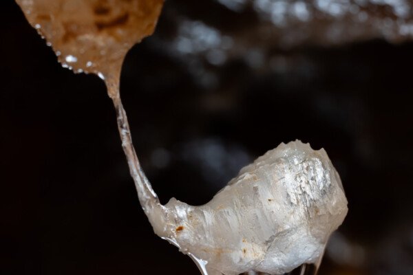 Une goutte d'eau suspendue par un mince fil de calcite. (Spéléothème)