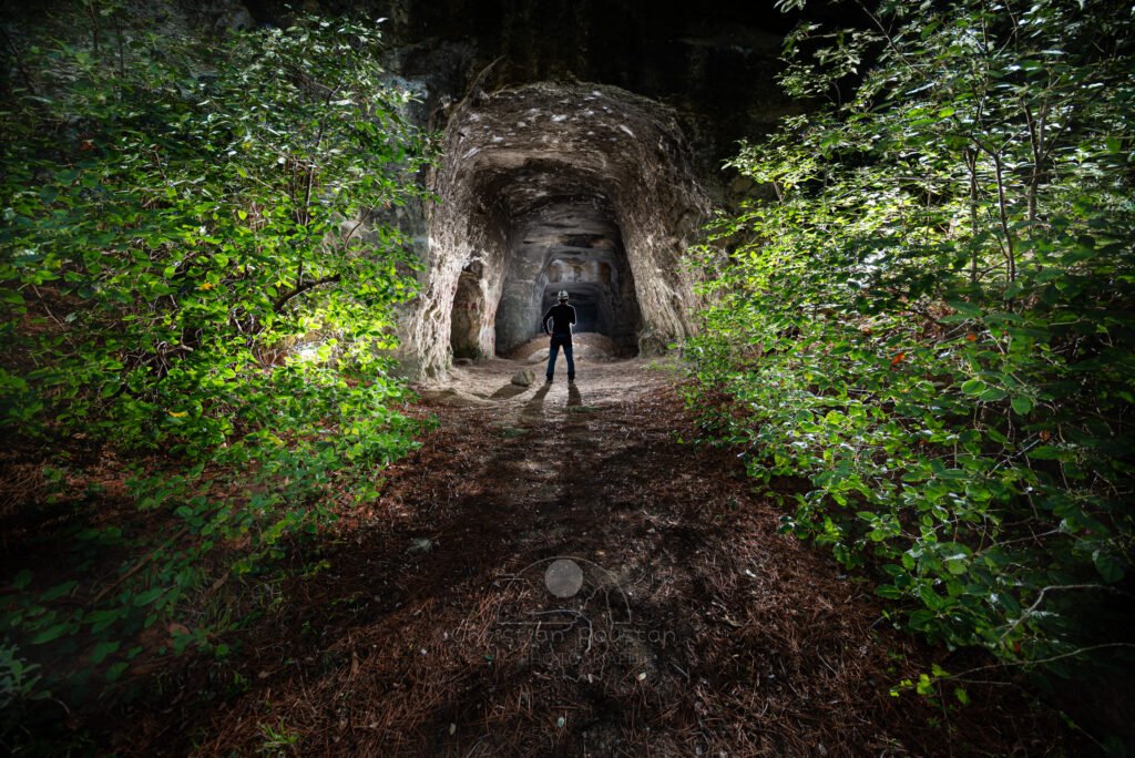 Galerie d'entrée de la carrière avec un peu de verdure et un spéléo. (Carrière de Vallabrègues, Vaucluse)