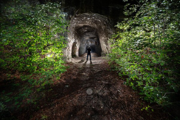 Galerie d'entrée de la carrière avec un peu de verdure et un spéléo. (Carrière de Vallabrègues, Vaucluse)
