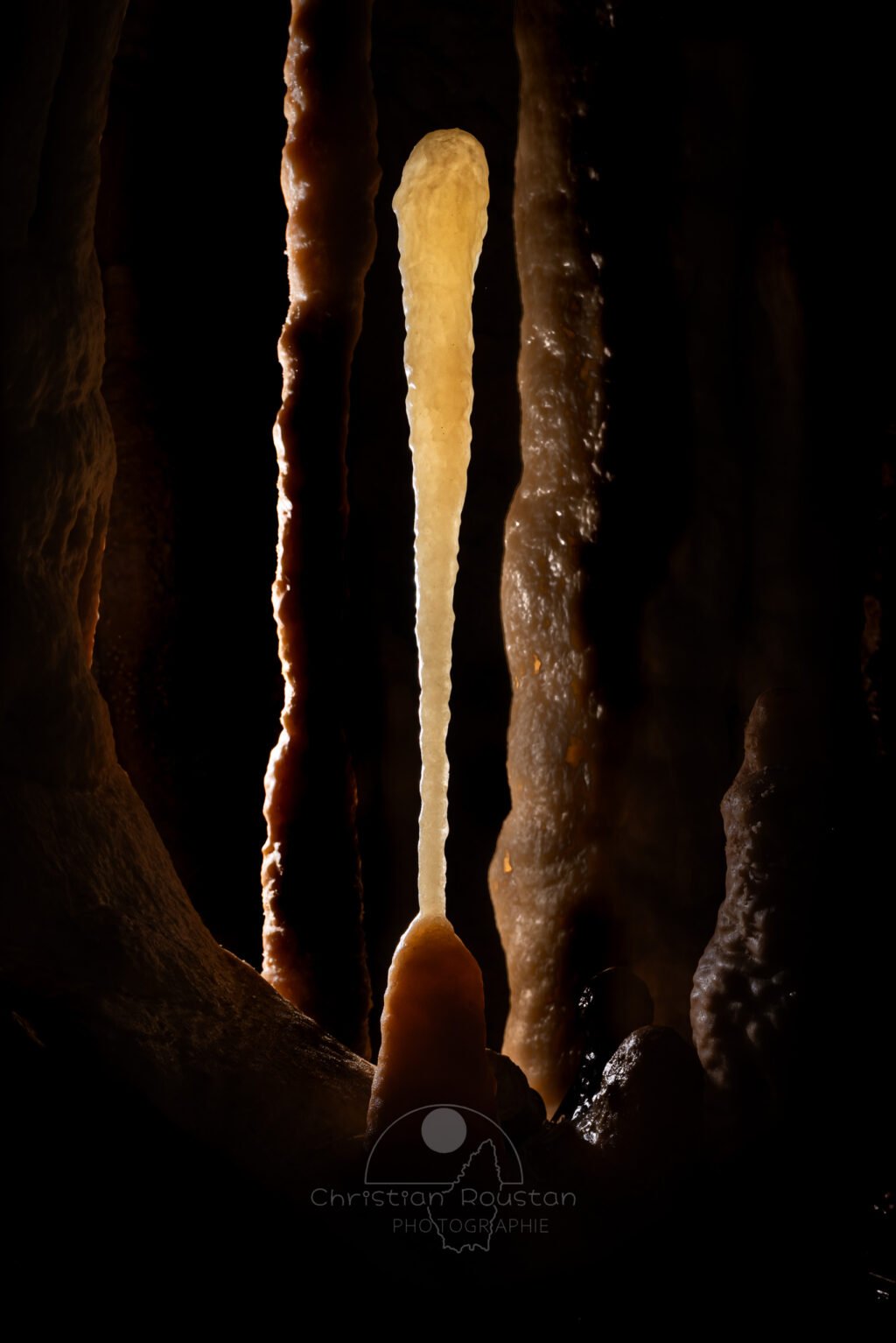 Une stalagmite en forme de massue se dresse fièrement. (Grotte Flandin, Ardèche)