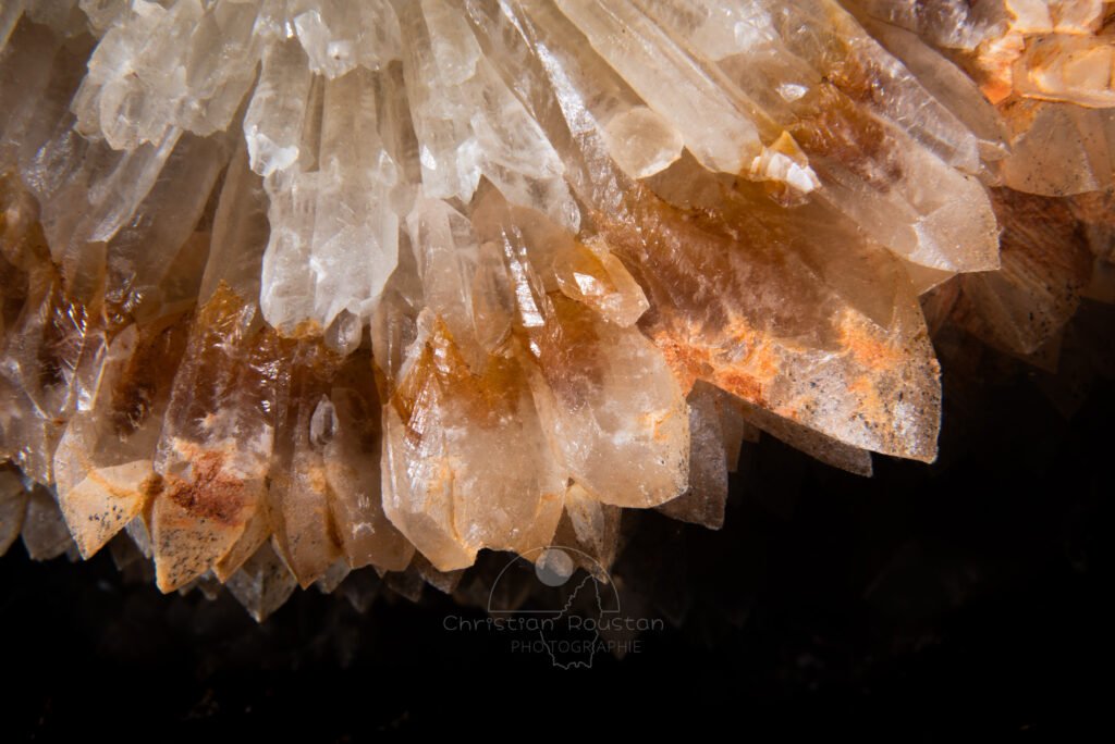 Détail sur les cristaux, dents de cochon. (Grotte de Champlong, Ardèche)