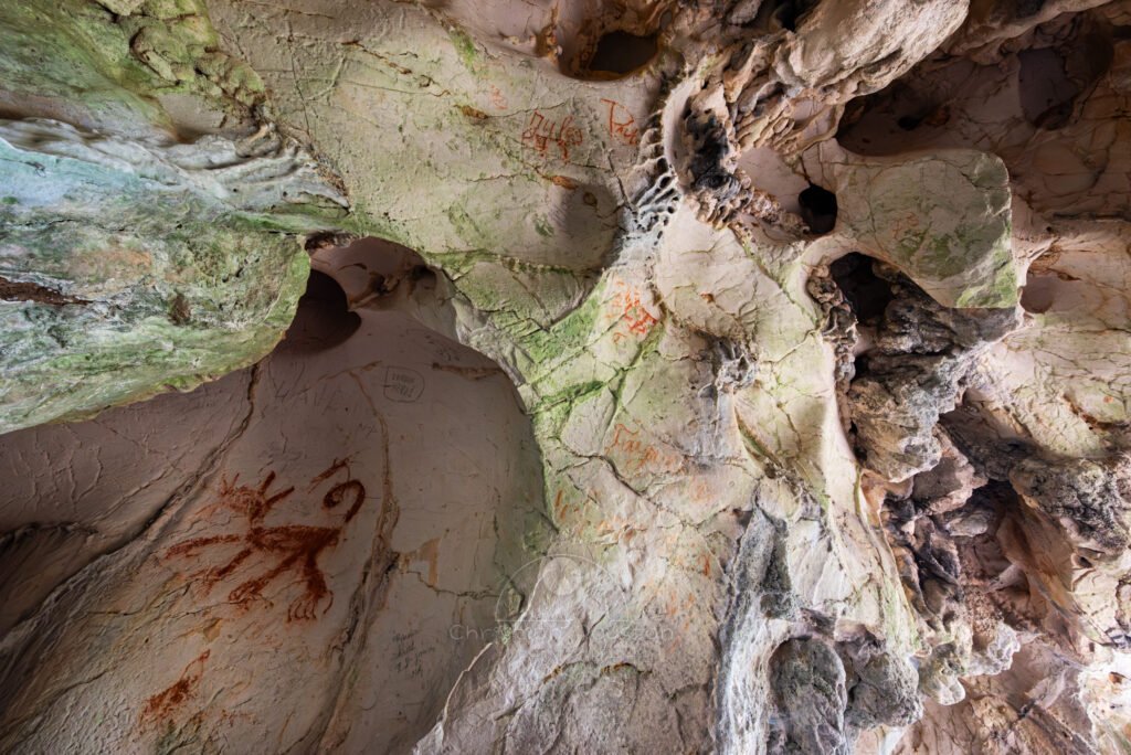 Plusieurs graffitis, dont certains semblent relativement anciens. (Grotte des Fées, Ardèche)