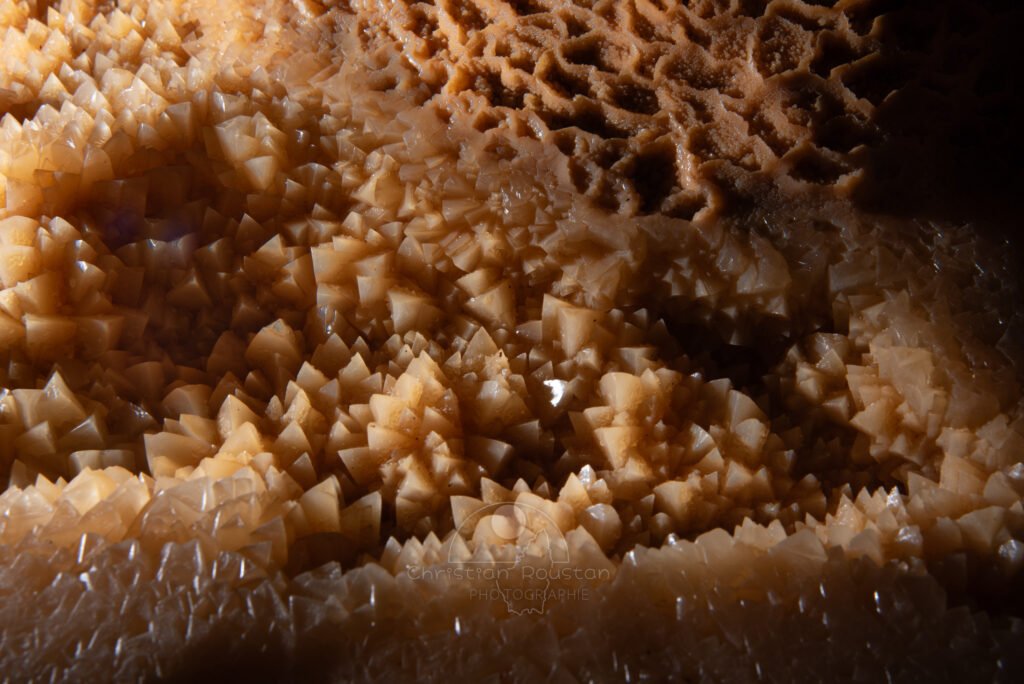 Petit gour avec des cristaux en dents de cochon. (Grotte du Barry, Gard)