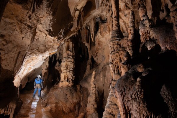 La salle Mazauric (Grotte du Barry) et ses massifs stalagmitiques avec deux spéléos. (Grotte du Barry, Gard)