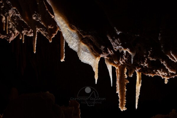 Alignement de concrétions au plafond. (Spéléothèmes) (Aven Grotte de l'Émeraude, Gard)