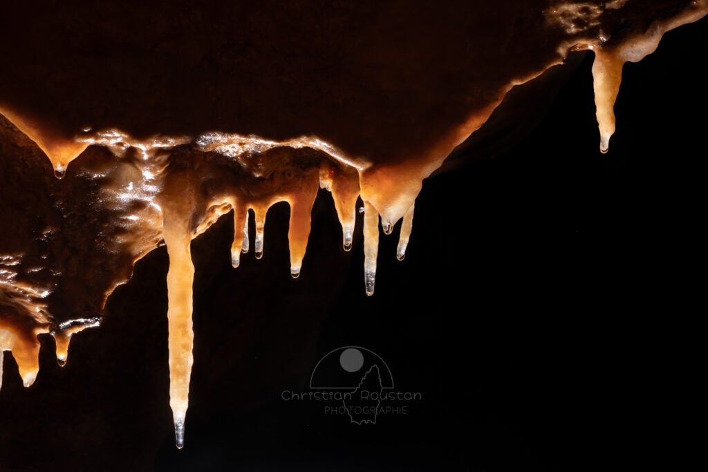 Une série de stalactites bicolore (Spéléothème) (Aven Grotte de l'Émeraude, Gard)