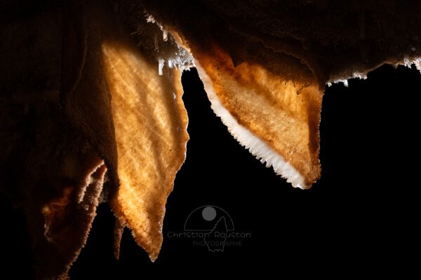 Duo de draperies (Spéléothème, Grotte de l'interrogation, Gard)