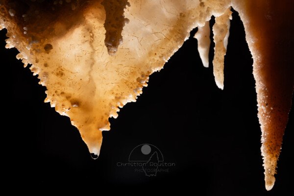 Une draperie avec de drôles d'incrustations à l’intérieur... (Spéléothème, Grotte de l'interrogation, Gard)