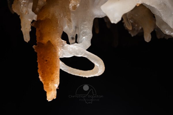 Blanc et ocre, rond et droit, il faut cultiver la différence. (Spéléothème, Grotte de l'interrogation, Gard)