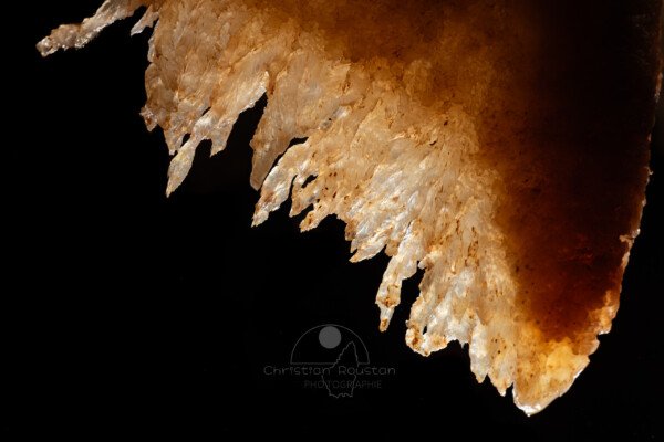 Détail d'une draperie corrodée (Grotte de la Barbette, Réseau Estevan, Gard)
