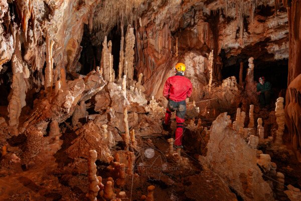 Une salle concrétionnée avec un spéléo qui suit le balisage (Grotte de la Barbette, Réseau Estevan, Gard)