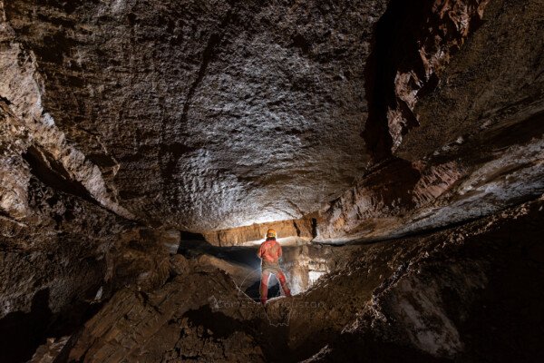 La galerie se développe sous une strate (Grotte de Pézenas, Ardèche)
