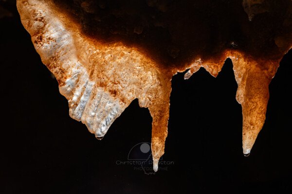 La transparence révèle la structure cristalline (Spéléothème, Grotte du Philosophe, Gard)