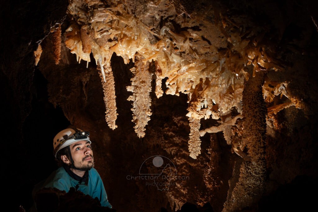 Un spéléologue regarde une forêt d'excentriques (Spéléothème, Grotte du Philosophe, Gard)