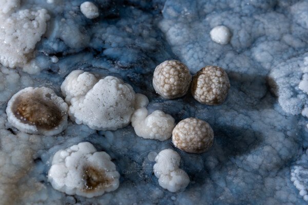 Perle sur fond de gour bleuté (Réseau des perles, Sud France, Pisolithes)