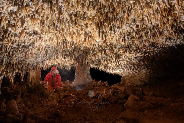 Spéléo dans passage bas, la plafond est couvert de petites stalactites.(Spéléo, Grotte du Prevel, Gard)